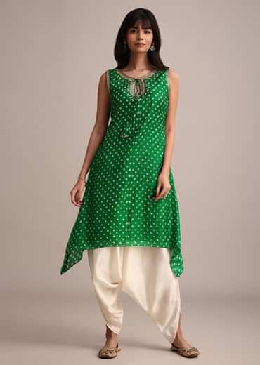 Green Silk Bandhani Print Kurta Dhoti Set