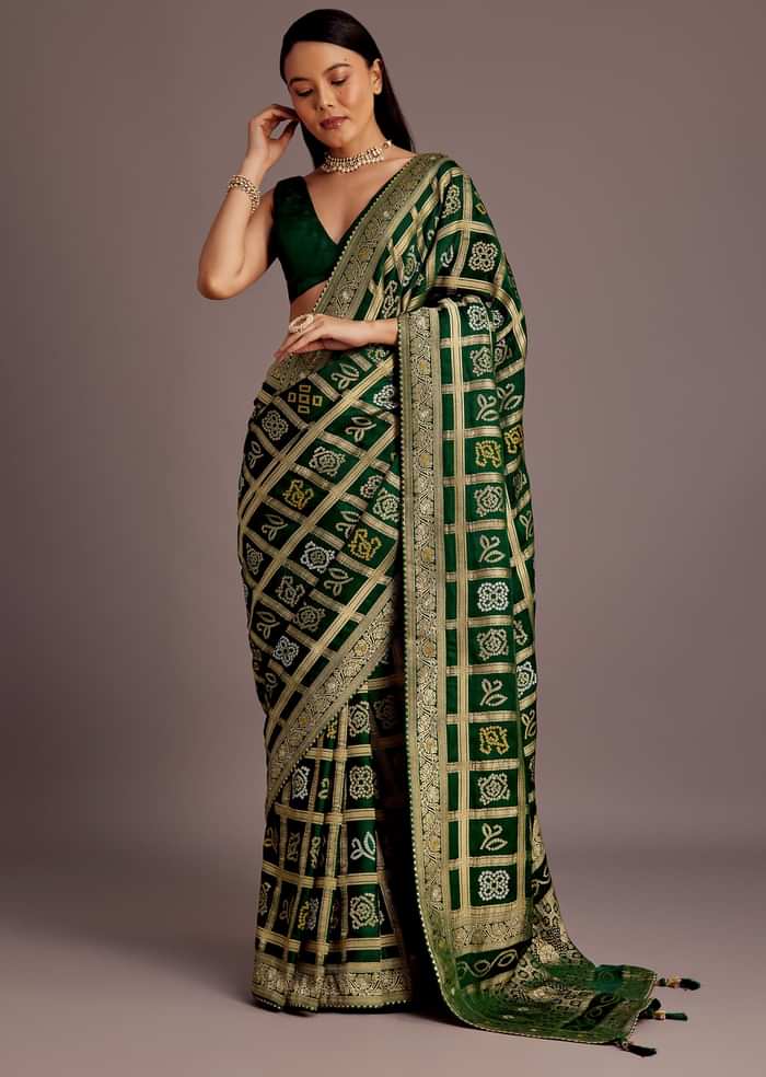 Green Silk Bandhani Woven Saree