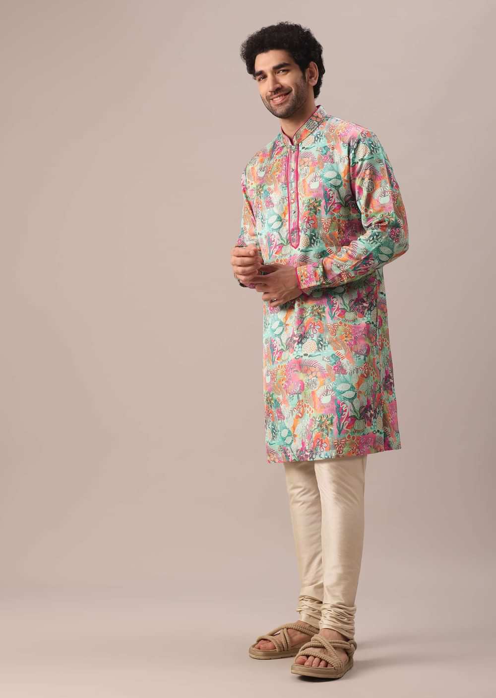 Green Silk Kurta And Churidar Set With Floral Prints