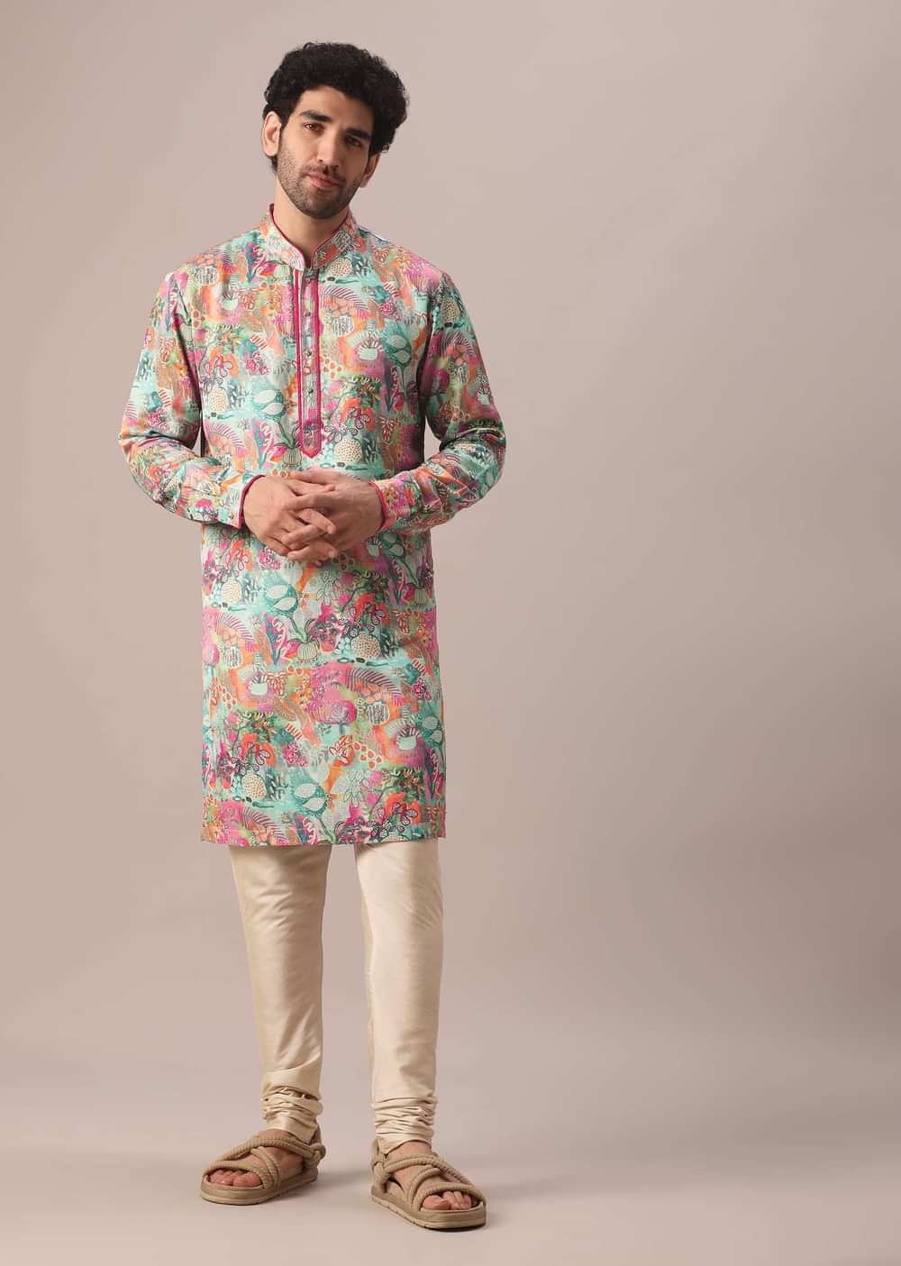 Green Silk Kurta And Churidar Set With Floral Prints