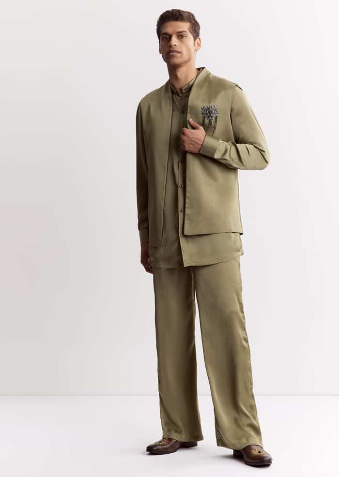 Green Silk Kurta Set With Gotta Embroidered Jacket