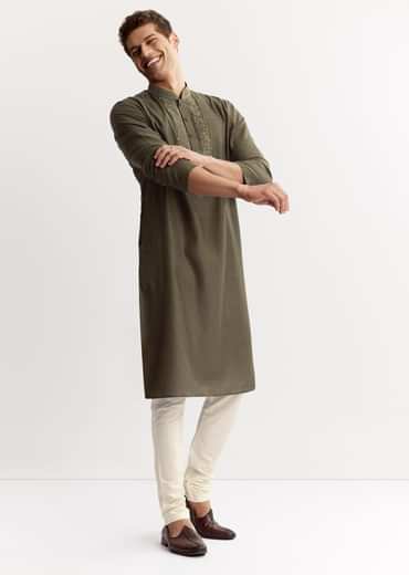 Green Silk Kurta Set With Resham And Embroidery