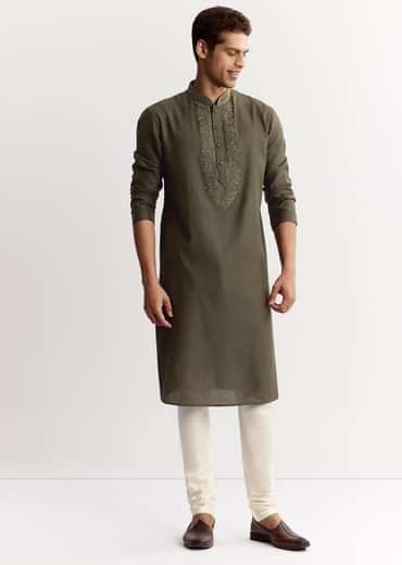 Green Silk Kurta Set With Resham And Embroidery