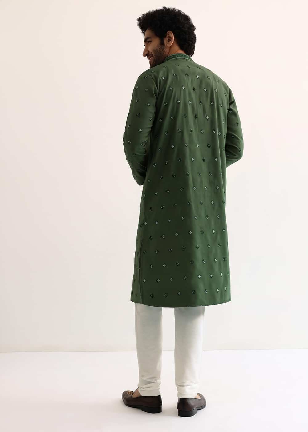 Green Silk Mirror Embroidered Kurta Set For Men