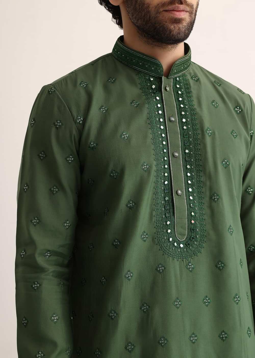 Green Silk Mirror Embroidered Kurta Set For Men