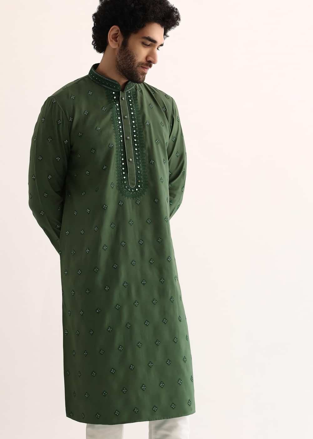 Green Silk Mirror Embroidered Kurta Set For Men