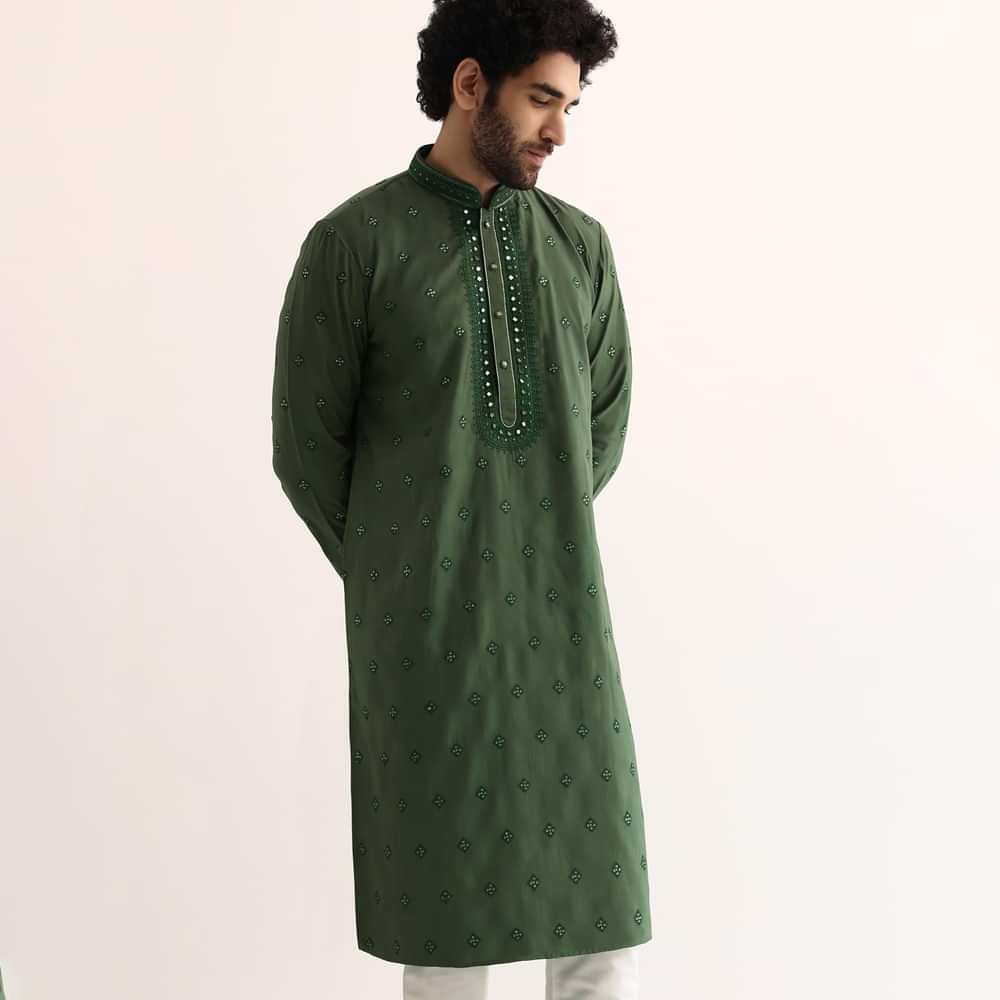 Green Silk Mirror Embroidered Kurta Set For Men