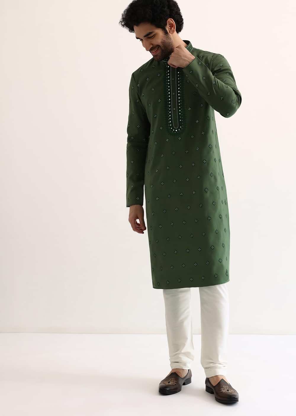 Green Silk Mirror Embroidered Kurta Set For Men