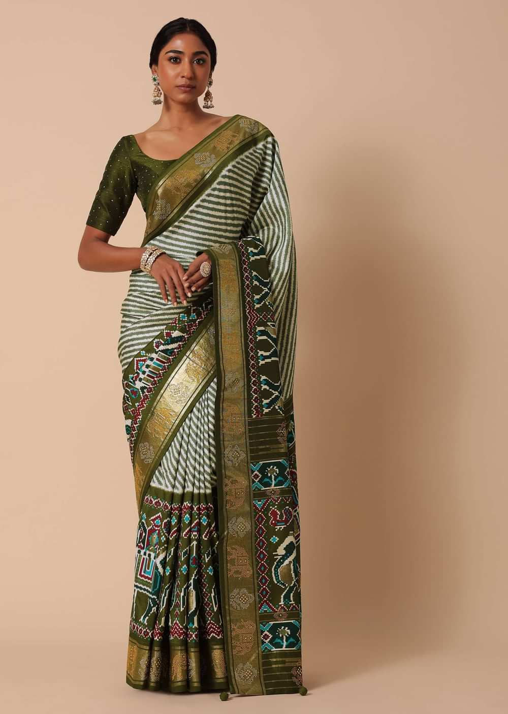 Green Silk Printed Saree With Patola Detail And Unstitched Blouse Piece
