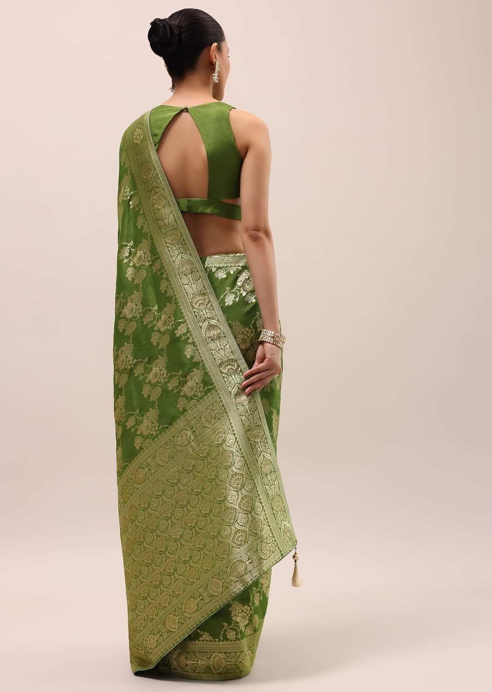 Green Silk Saree In Butta Work With Unstitched Blouse