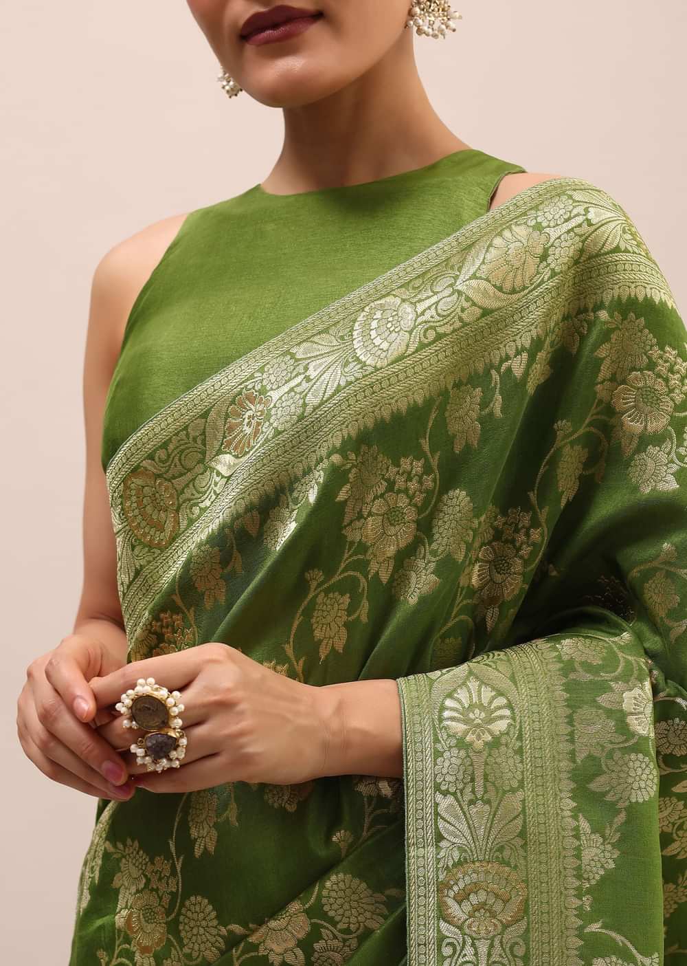 Green Silk Saree In Butta Work With Unstitched Blouse