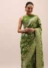 Green Silk Saree In Butta Work With Unstitched Blouse