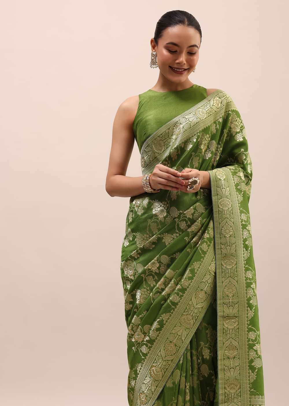 Green Silk Saree In Butta Work With Unstitched Blouse