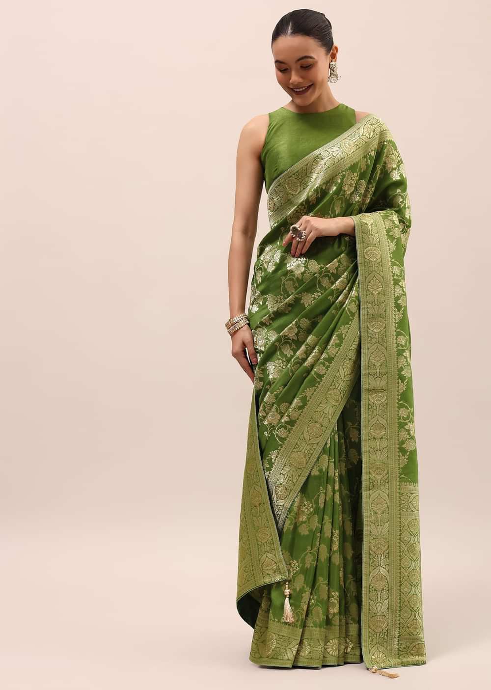 Green Silk Saree In Butta Work With Unstitched Blouse