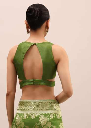 Green Silk Saree In Butta Work With Unstitched Blouse Green Silk Saree In Butta Work With Unstitched Blouse