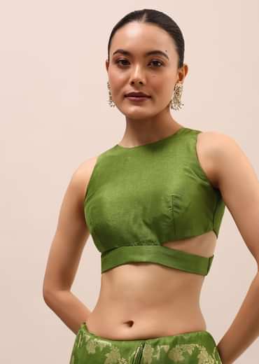 Green Silk Saree In Butta Work With Unstitched Blouse Green Silk Saree In Butta Work With Unstitched Blouse