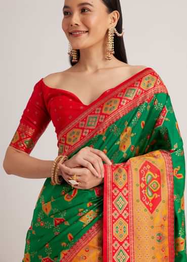 Green Silk Woven Ikat Motif Saree With Constrat Pallu
