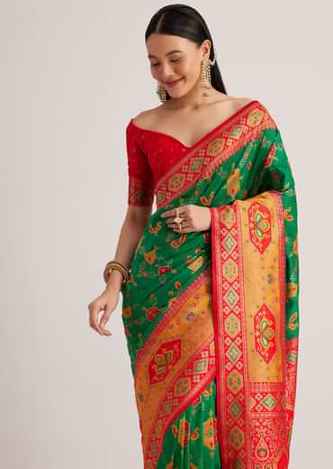 Green Silk Woven Ikat Motif Saree With Constrat Pallu