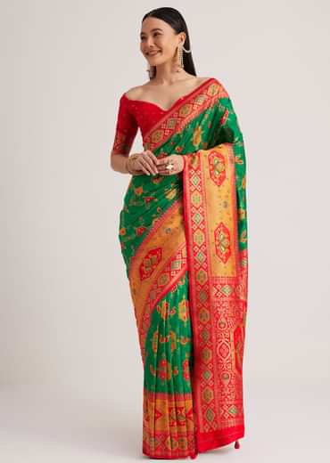 Green Silk Woven Ikat Motif Saree With Constrat Pallu