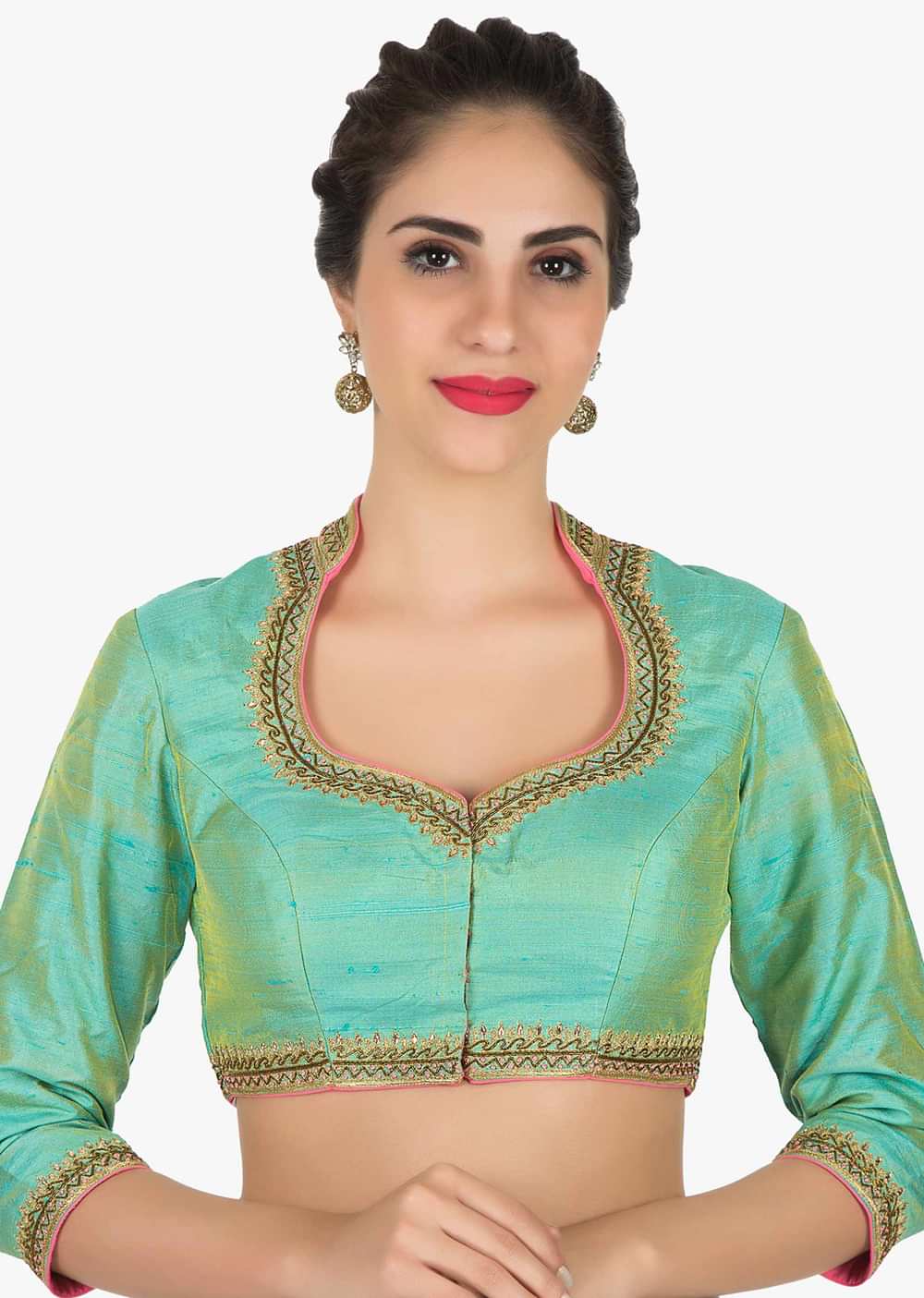 Green stitched blouse in raw silk featuring the zari embroidery work