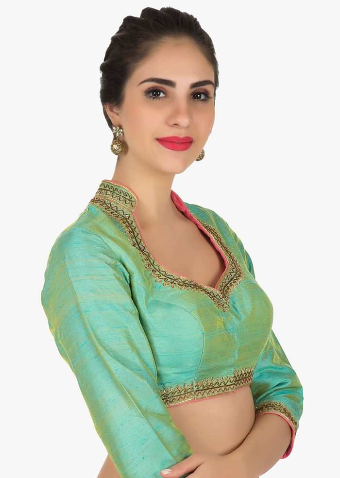 Green stitched blouse in raw silk featuring the zari embroidery work