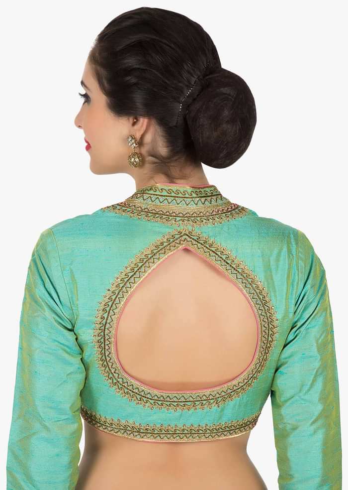 Green stitched blouse in raw silk featuring the zari embroidery work