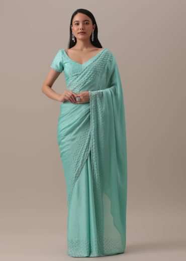 Green Stone And Bead Embellished Saree In Satin