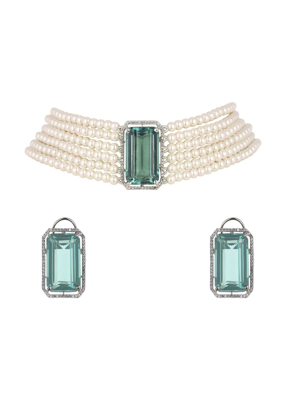 Green Studded Pearl Choker In Mix Metal