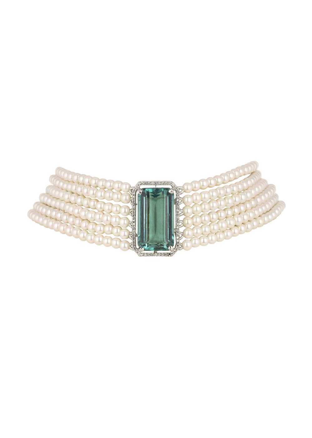 Green Studded Pearl Choker In Mix Metal