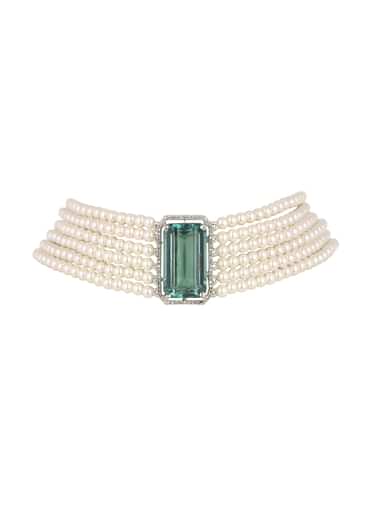 Green Studded Pearl Choker In Mix Metal