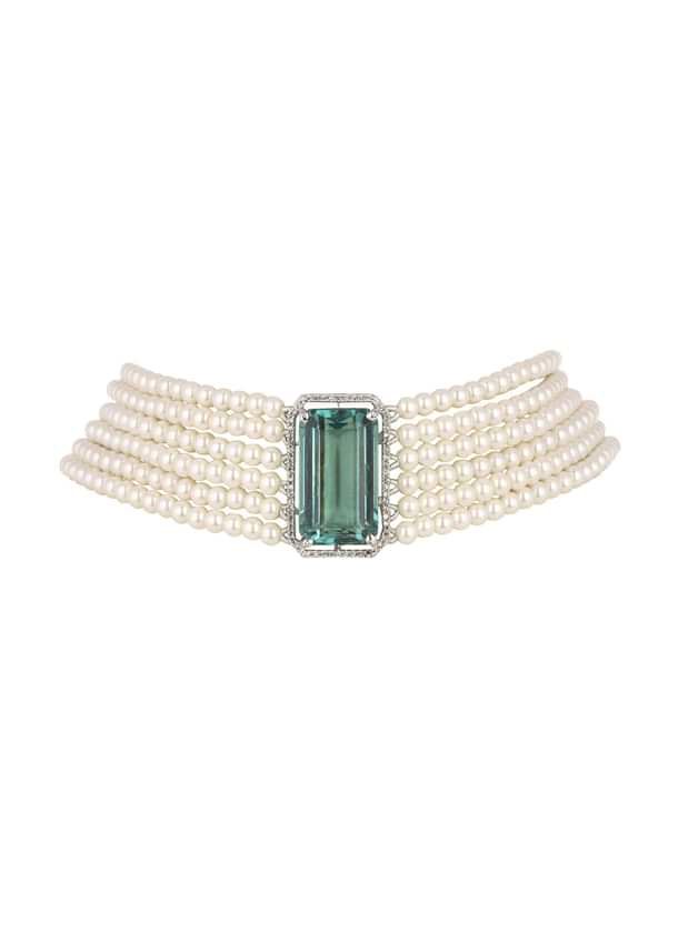 Green Studded Pearl Choker In Mix Metal