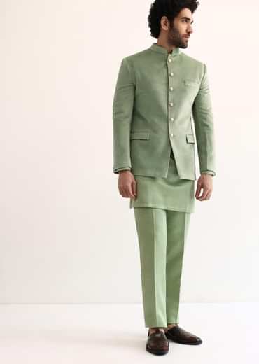 Green Jodhpuri Suit In Suede For Men
