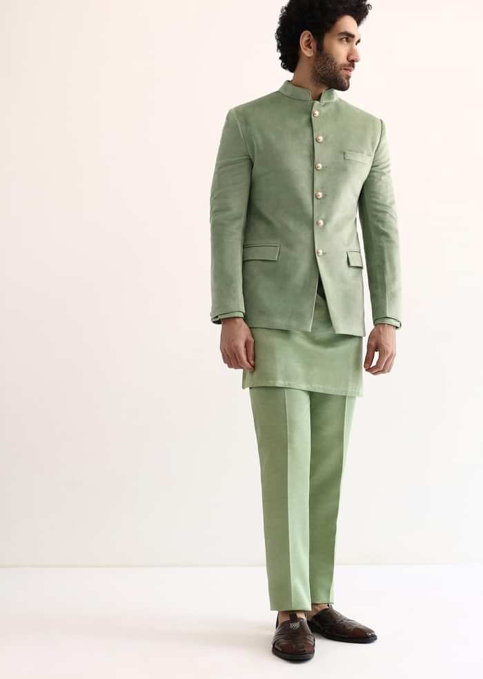 Green Jodhpuri Suit In Suede For Men