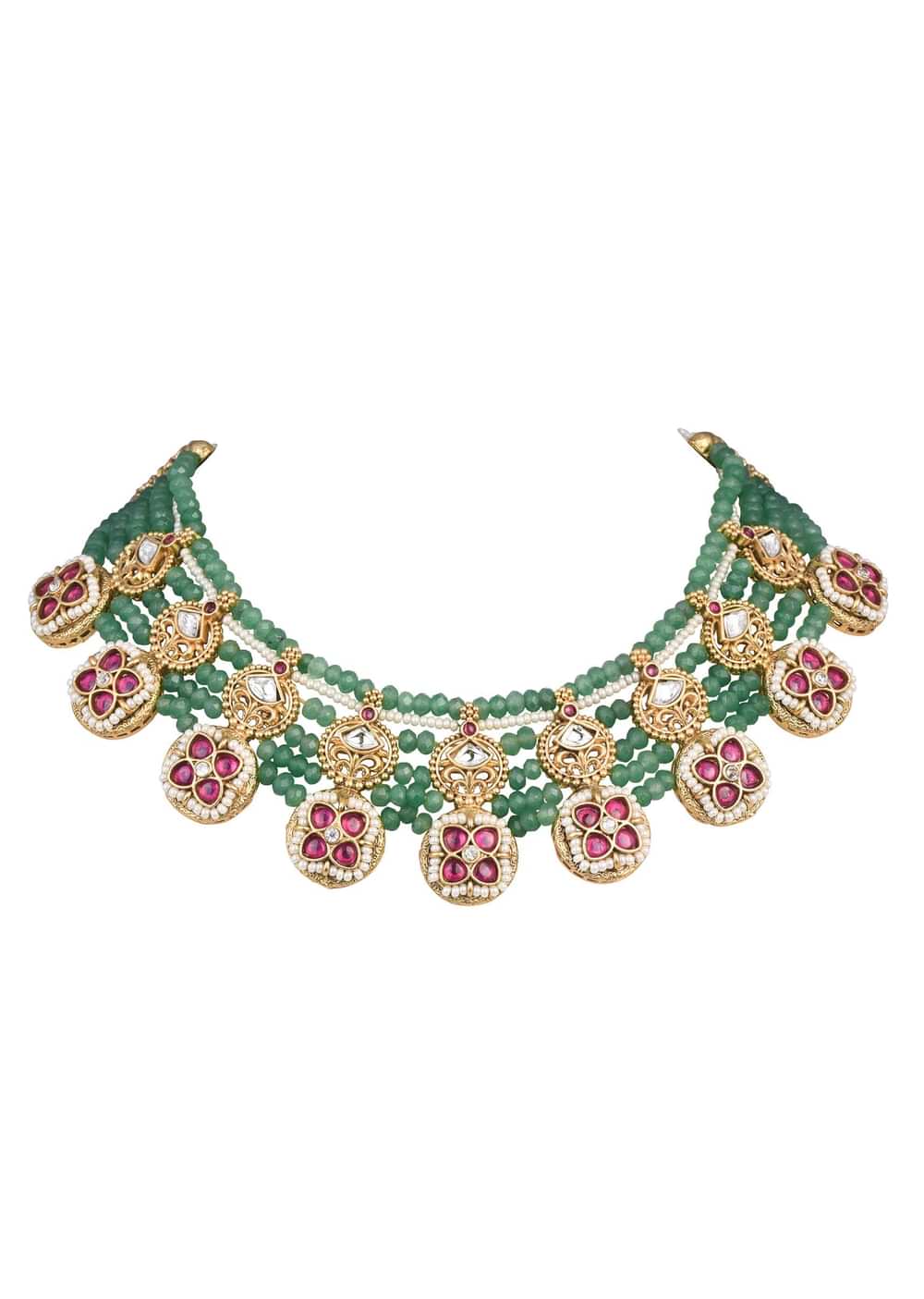 Green Temple Beaded Necklace Set With Jhumkas