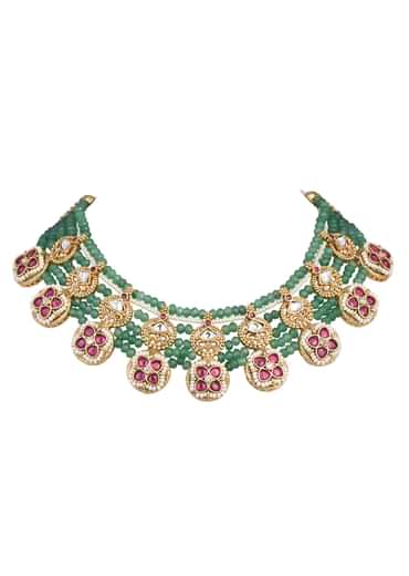 Green Temple Beaded Necklace Set With Jhumkas