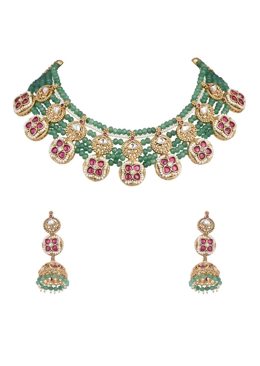 Green Temple Beaded Necklace Set With Jhumkas