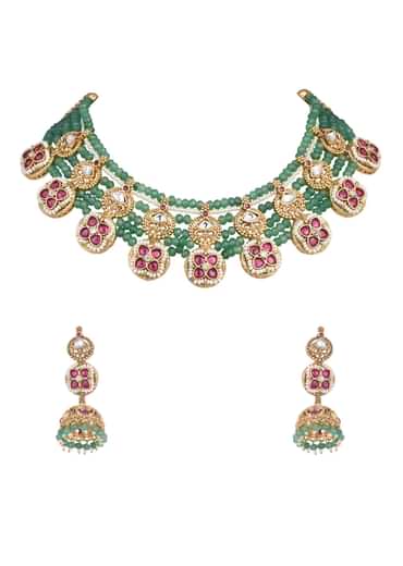 Green Temple Beaded Necklace Set With Jhumkas