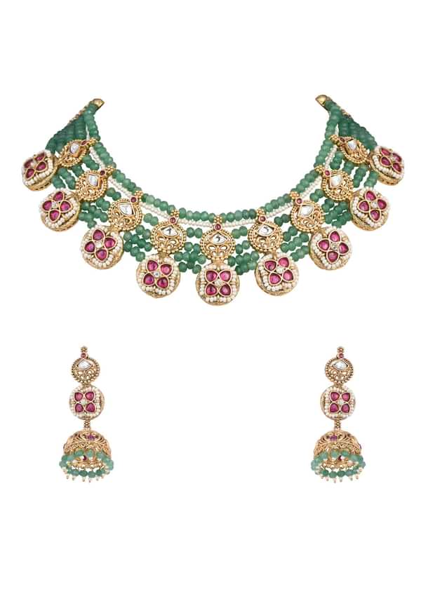 Green Temple Beaded Necklace Set With Jhumkas