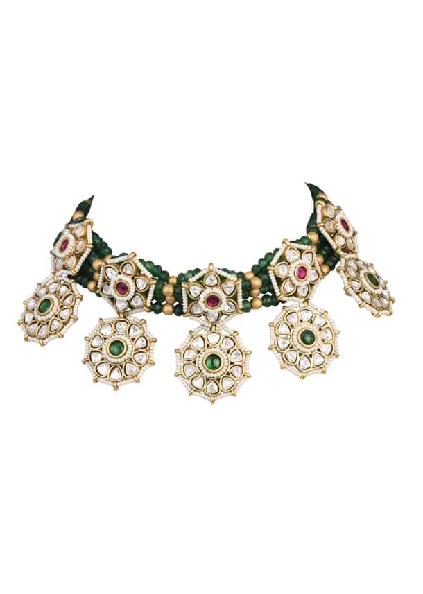 Green Temple Choker Set With Floral Motifs And Meenakari Detail Green Temple Choker Set With Floral Motifs And Meenakari Detail