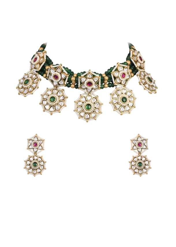 Green Temple Choker Set With Floral Motifs And Meenakari Detail Green Temple Choker Set With Floral Motifs And Meenakari Detail