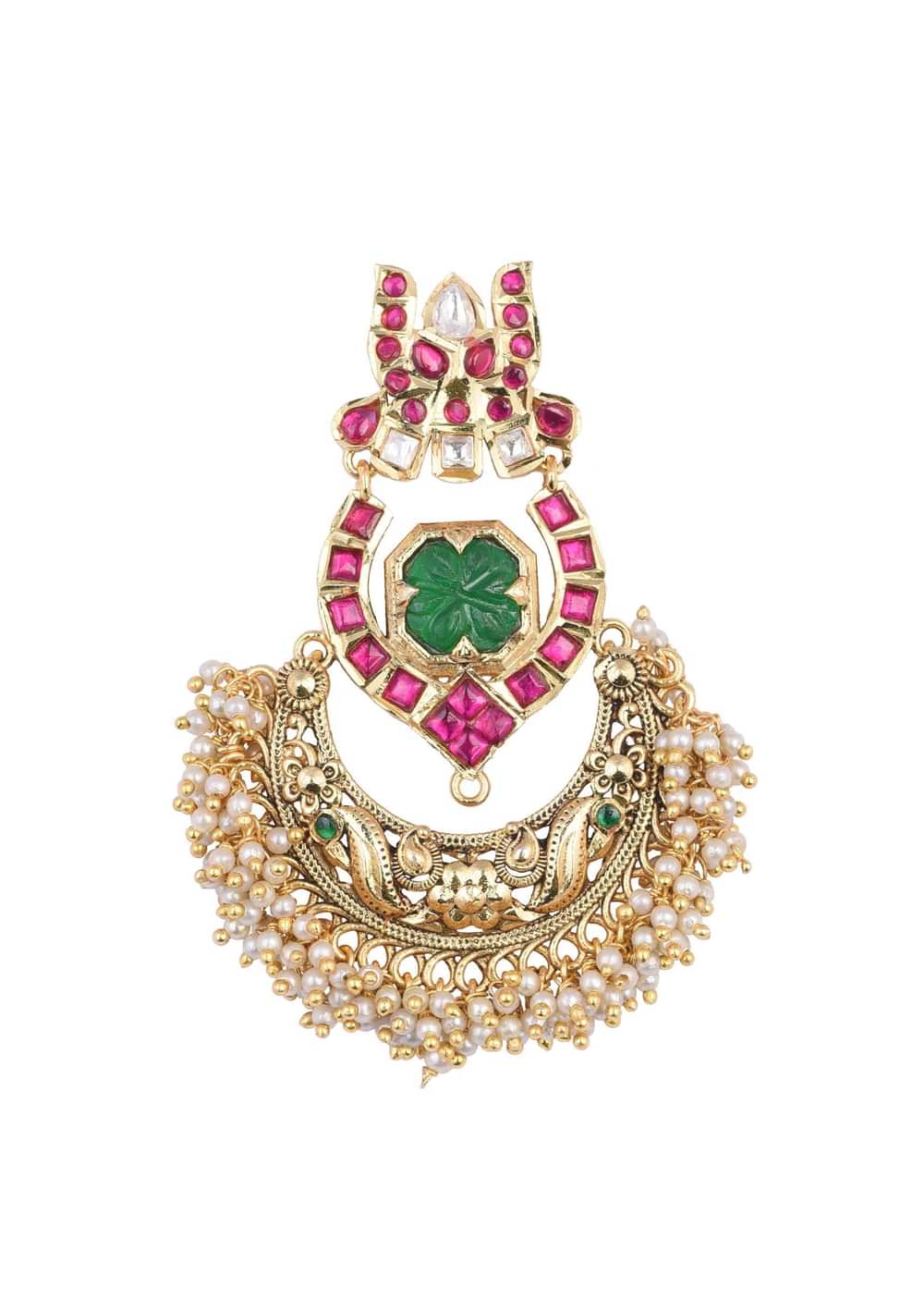 Green Temple Finish Earrings With Meenakari Work And Cluster Beads
