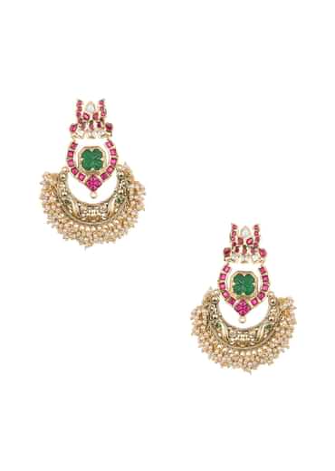 Green Temple Finish Earrings With Meenakari Work And Cluster Beads