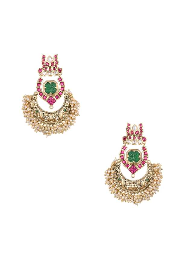 Green Temple Finish Earrings With Meenakari Work And Cluster Beads