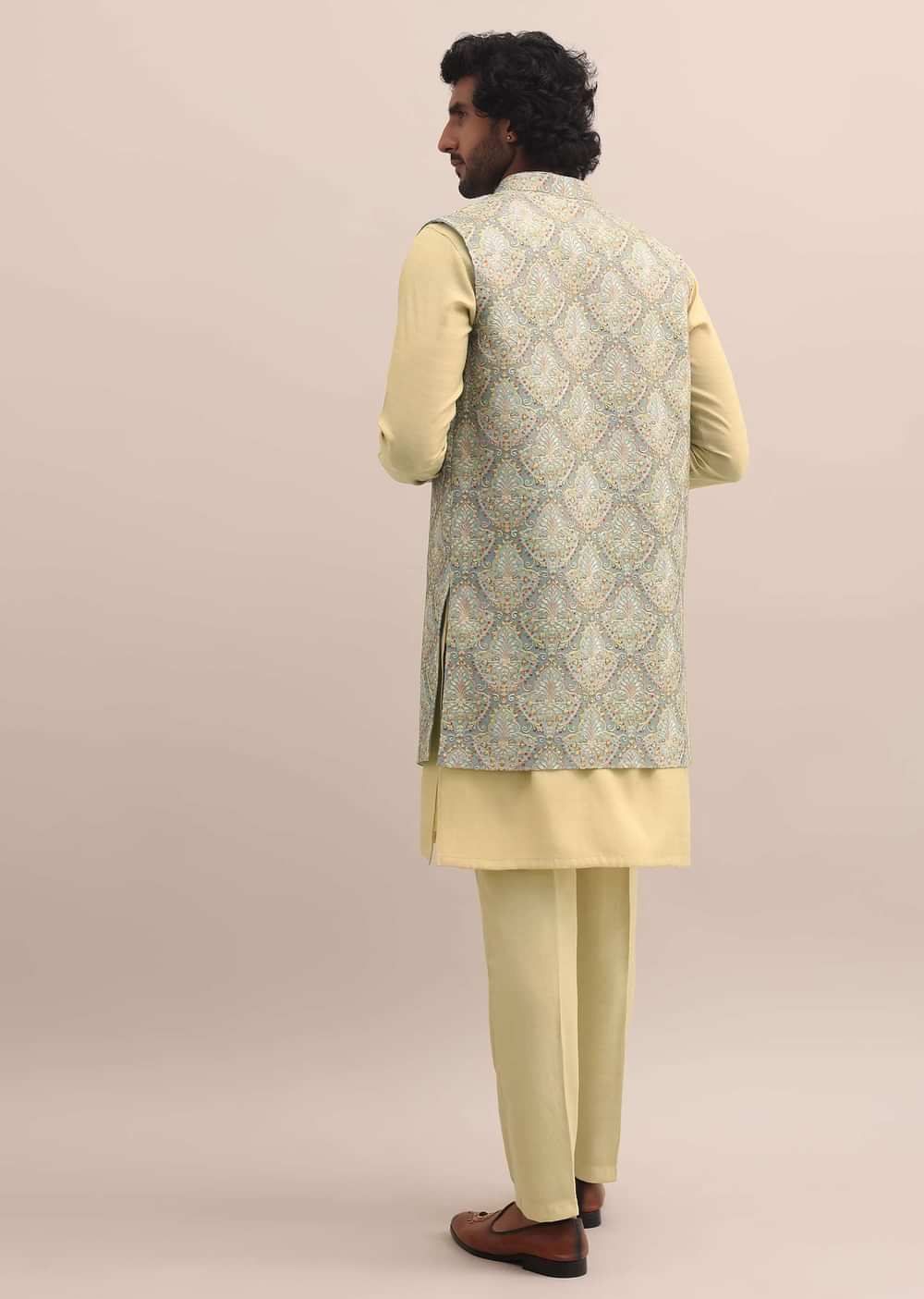 Green Threadwork Kurta Jacket Set For Men
