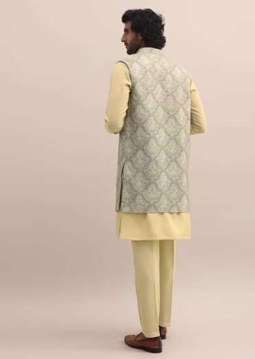 Green Threadwork Kurta Jacket Set For Men