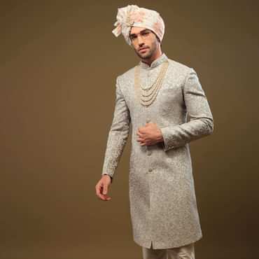 Powder Green Thread Embroidered Sherwani Set In Emboss Fabric