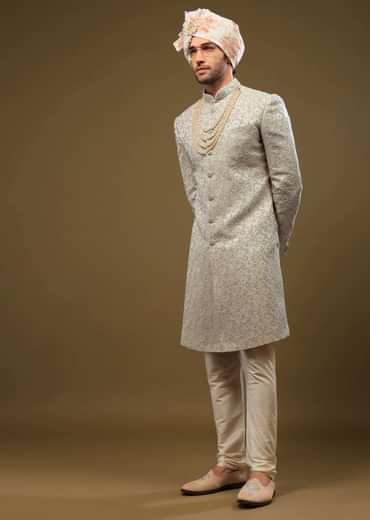 Powder Green Thread Embroidered Sherwani Set In Emboss Fabric