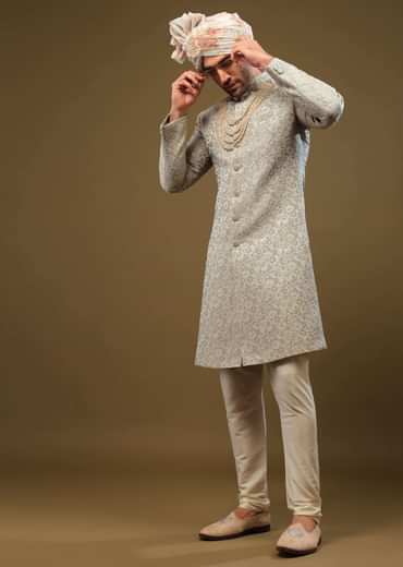 Powder Green Thread Embroidered Sherwani Set In Emboss Fabric