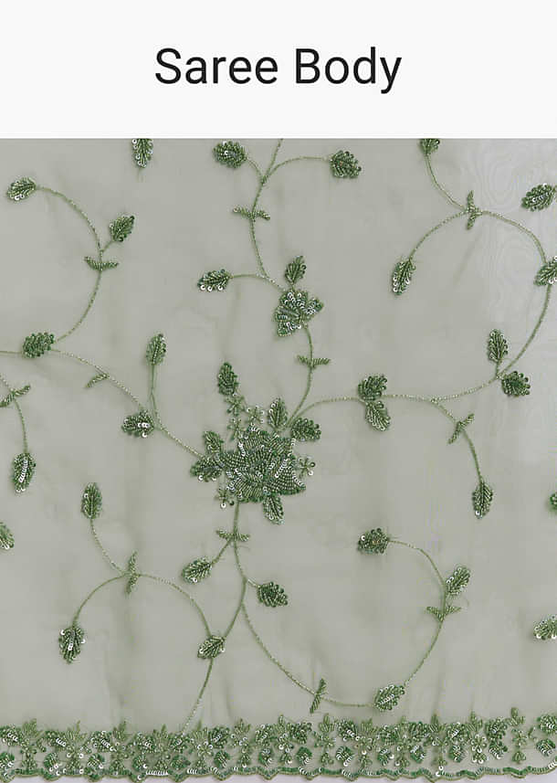 Green Tissue Saree With Jaal And Sequin Embroidery Green Tissue Saree With Jaal And Sequin Embroidery