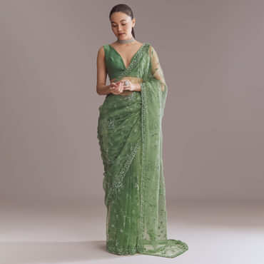 Green Tissue Saree With Jaal And Sequin Embroidery